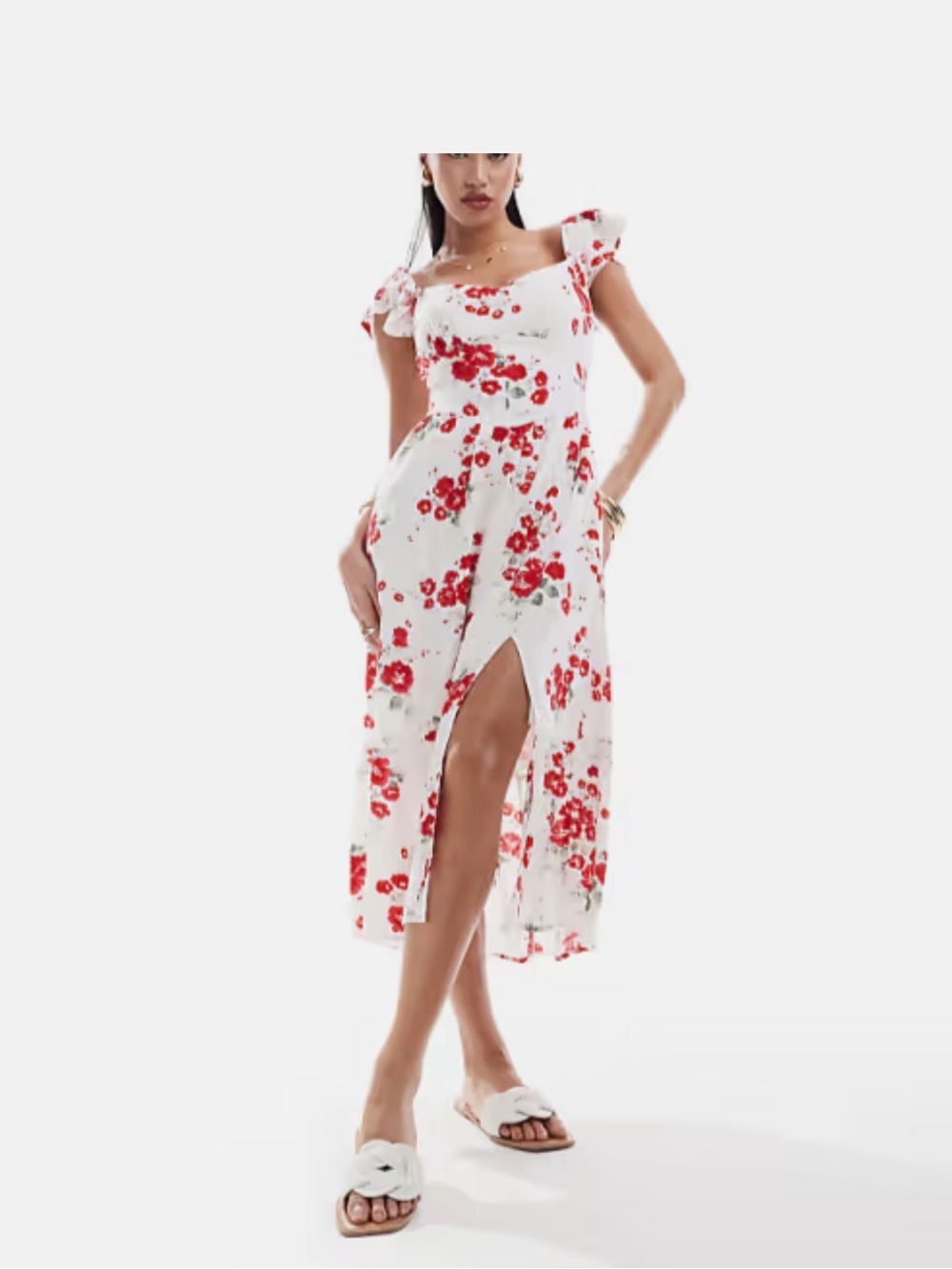 Hollister Women’s Medium White Red Floral Sweetheart Maxi Dress Cottagecore